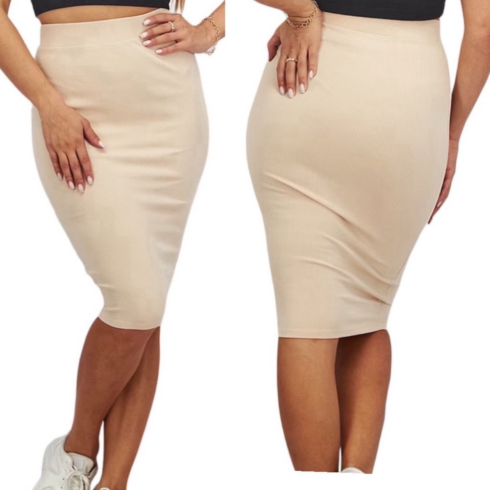 Naked Wardrobe Ribbed Snatched Midi Skirt, Oatmeal  Size Small NWOT